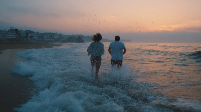 Couple Running into Beach Water Portugal Sunset