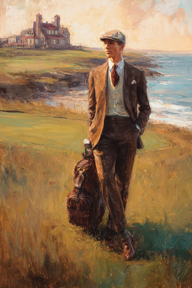 Vintage Golfing Gentleman Seaside Scene