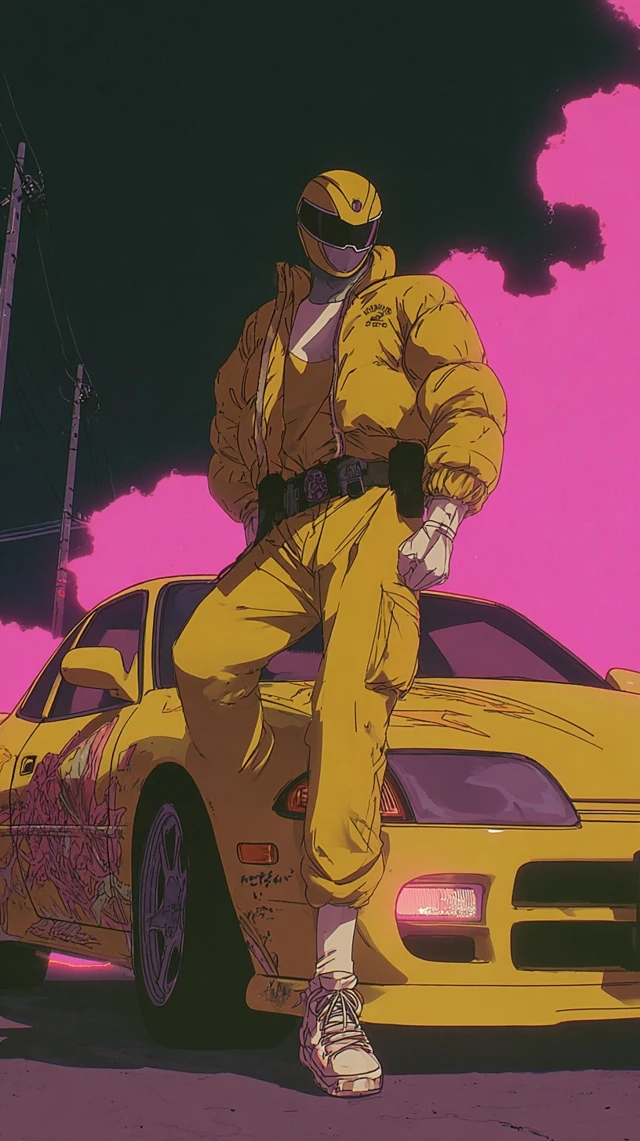 90s Anime Yellow Power Ranger with JDM Car