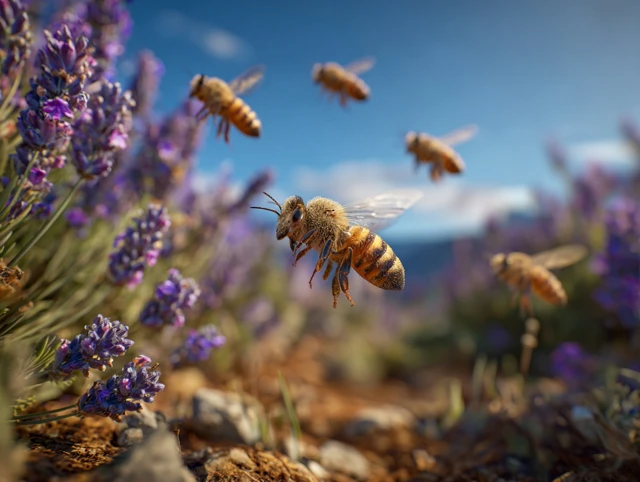 Honeybees Flying Over Lavender Field Close Up