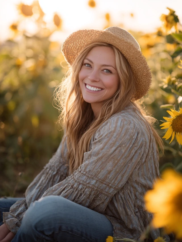 Blonde Woman Smiling in Sunflower Field Portrait