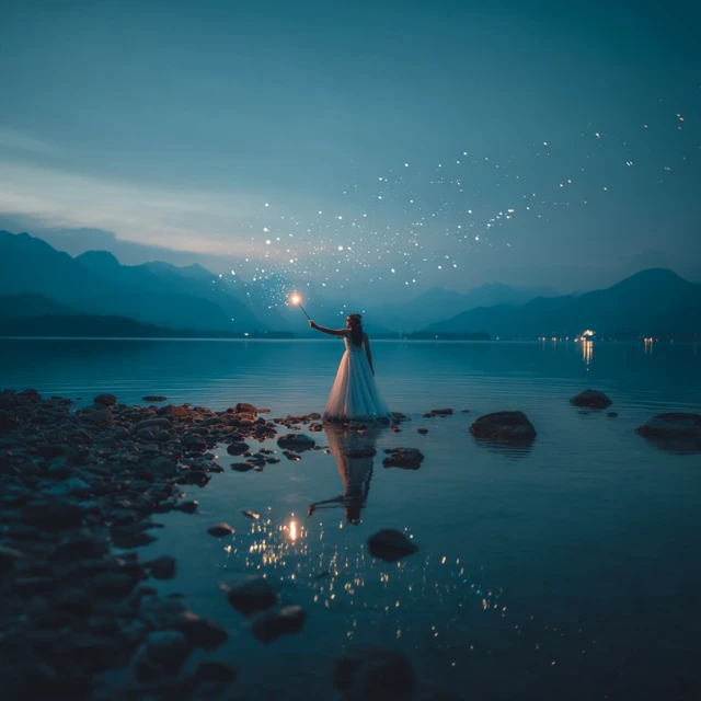 Woman with Wand Shooting Stars Over Lake Photography