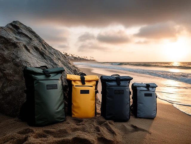 Waterproof Backpacks on Beach During Golden Hour