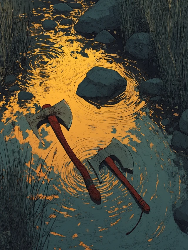 Gold and Silver Axes in a Pond Storybook Art
