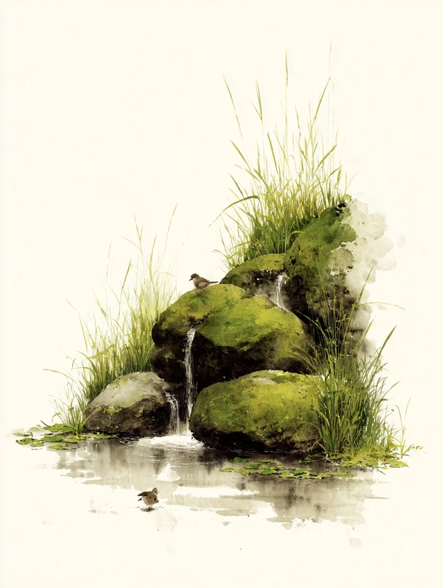 Japanese Ink Painting Water and Birds