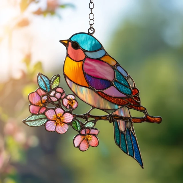Stained Glass Songbird Suncatcher Colorful Bird Art