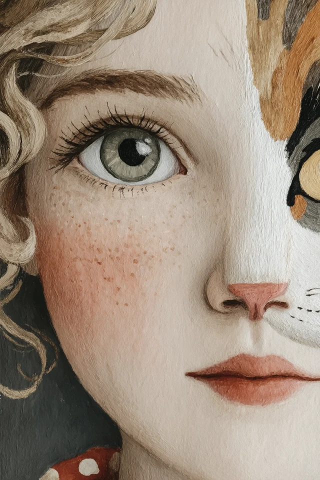 Child with Cat Face: Earthy Tones Illustration