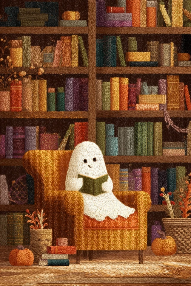 Cozy Halloween Ghost in a Spooky Library Embroidery Art
