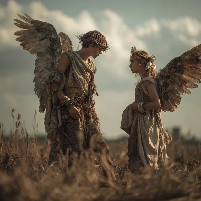 Angels in Field Young and Old with Wings