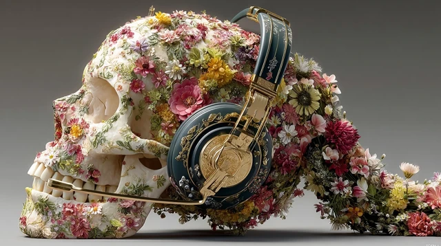 Floral Skull Head with Headphones 3D Art