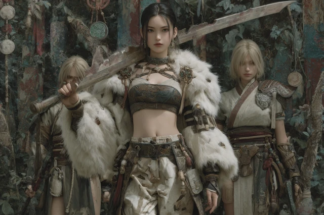 Asia Female Druid with Sword in Garden