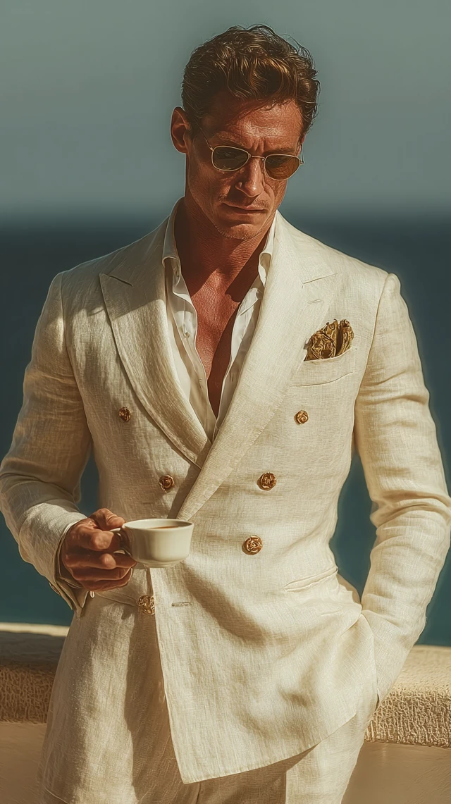 Elegant Man in Linen Suit Sipping Coffee on Balcony