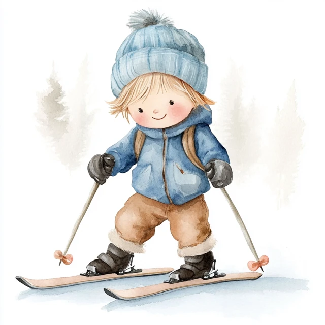 Cute Boy Skiing Watercolor Illustration for Nursery
