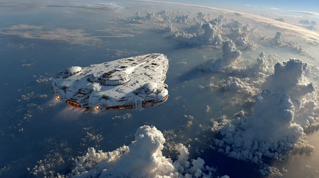 Spaceship Flying Through the Clouds Futuristic SciFi