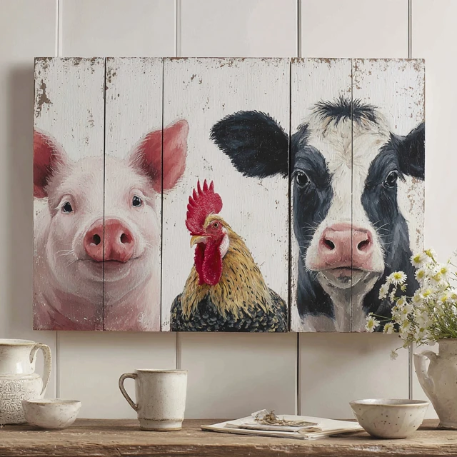 Cute Farm Animals Wall Art Pig Cow Rooster