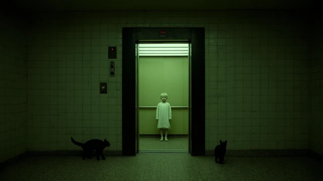 Boy in Elevator with Black Cats: Mysterious Scene