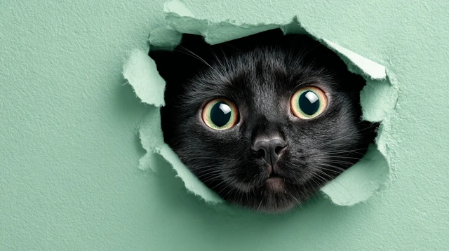 Cute Black Cat Peeking Through A Hole