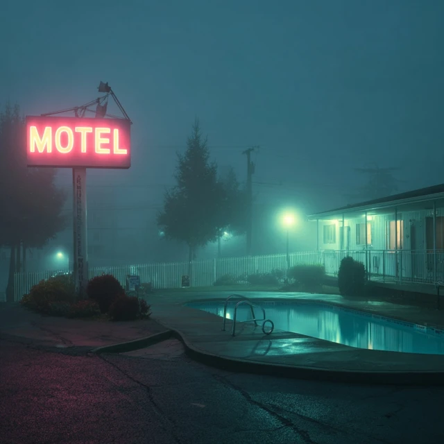 Eerie Motel Scene Pool and Foggy Night Photography
