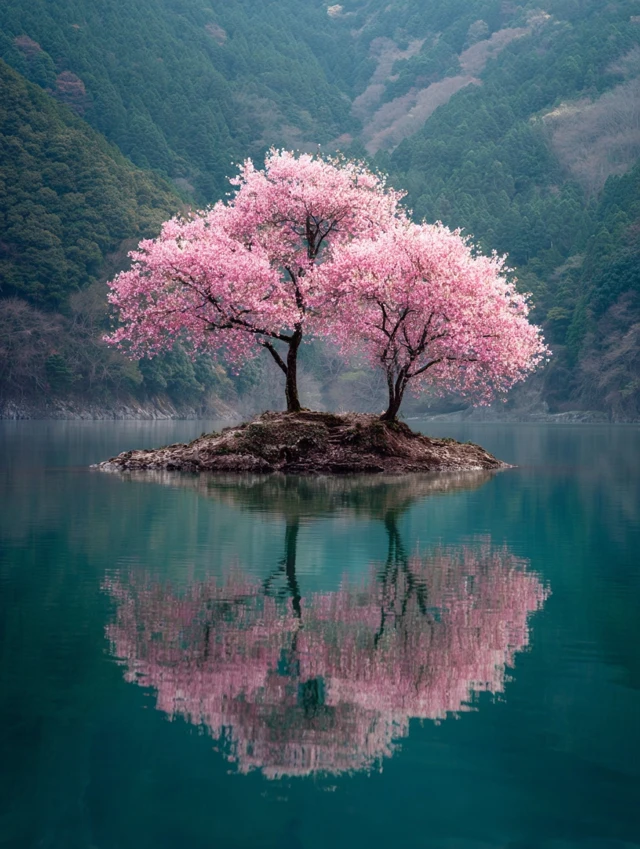 Cherry Blossom Island Lake Landscape Photography