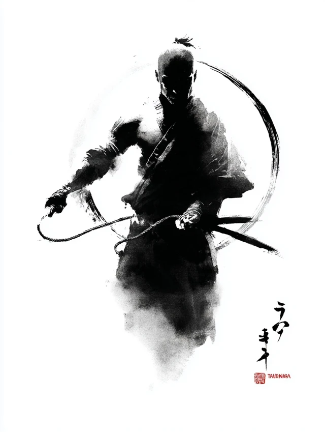 Japanese Ink Drawing of Rope Flow Exercise