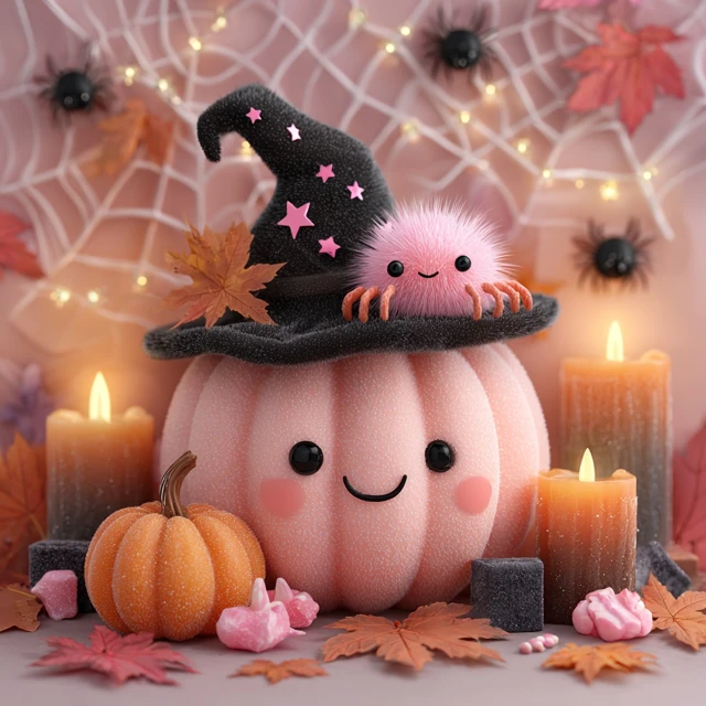 Cute Halloween Scene Pink Pumpkin Witch Hat Spider