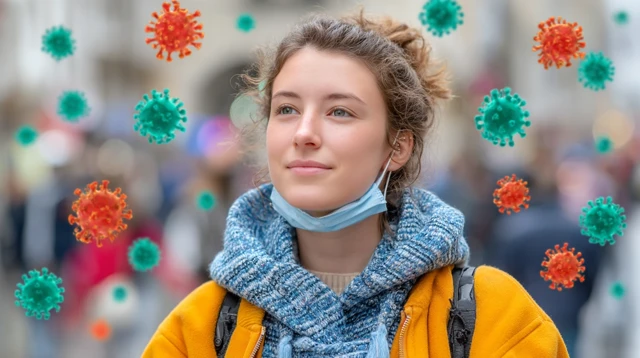 Woman with Mask in Crowd Virus Protection