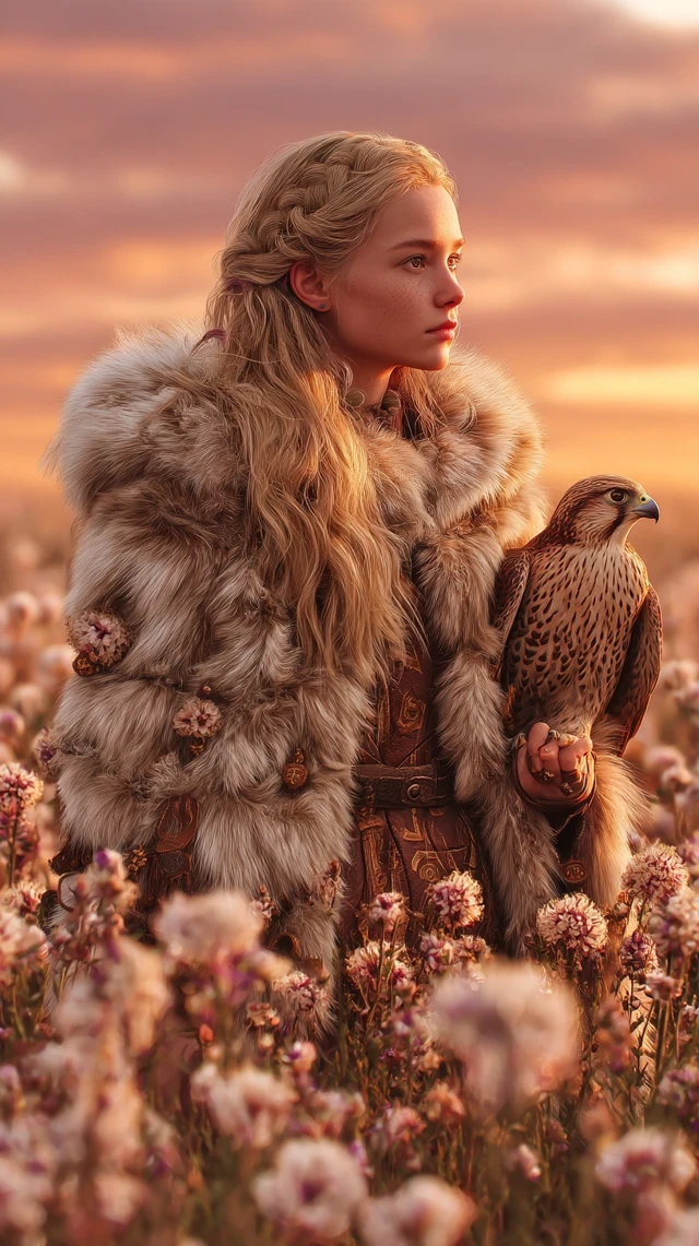 Norse Goddess in a Field of Flowers Falcon Sunset