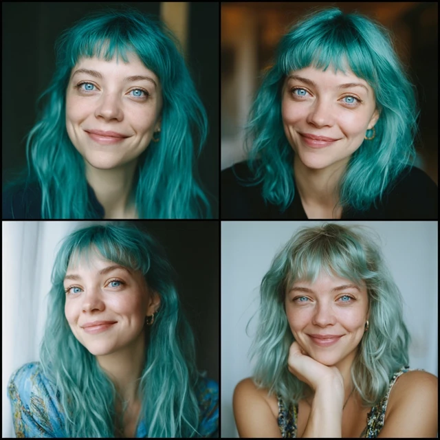 Woman with Teal Hair in Various Poses and Outfits
