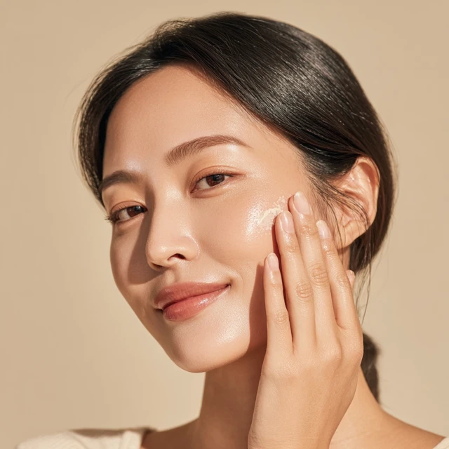 Korean Woman Applying Skincare Cream Fresh Clean Look
