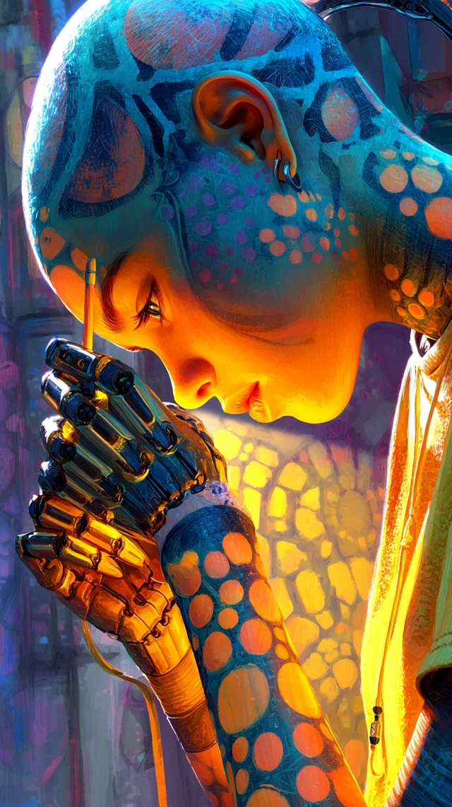 Futuristic Monk Tattoo Artist - UV Ink and Robotic Arms
