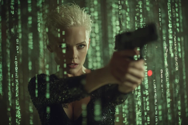 Cyberpunk Woman Dodging Bullets