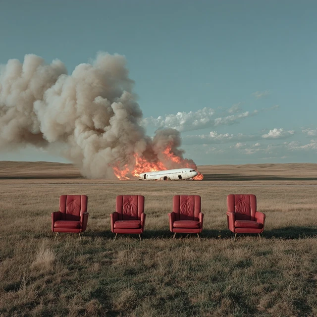 Burning Airplane and Red Seats on a Grassy Field