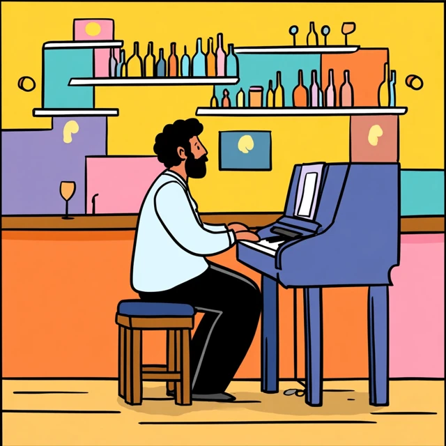 Cartoon Piano Player in a Bar Bright Colors