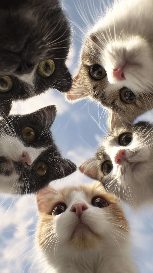 Cute Cats Looking Upwards From Below