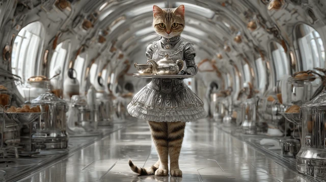 Maid Cat in Space Photorealistic Image