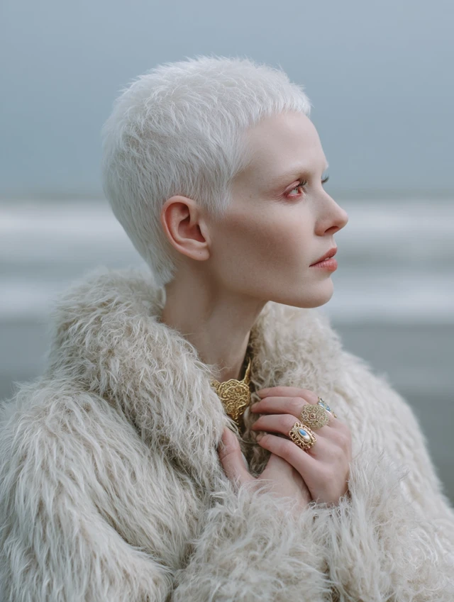 Albino Woman in Fur Coat with Jewelry Fashion Photo