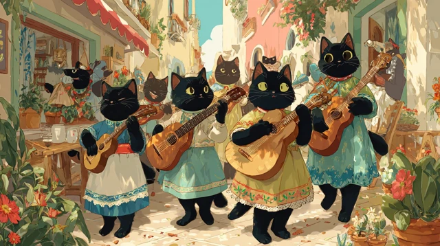 Cats Playing Bossa Nova Seaside Town Art