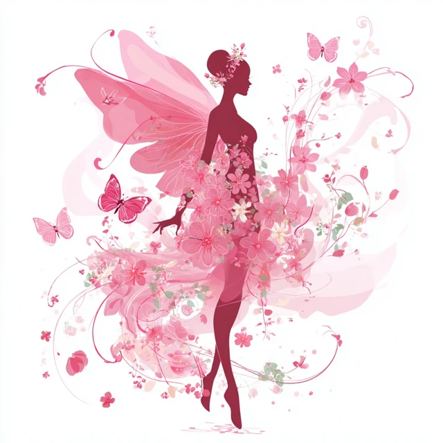 Fairy Silhouette with Floral Wings and Butterflies