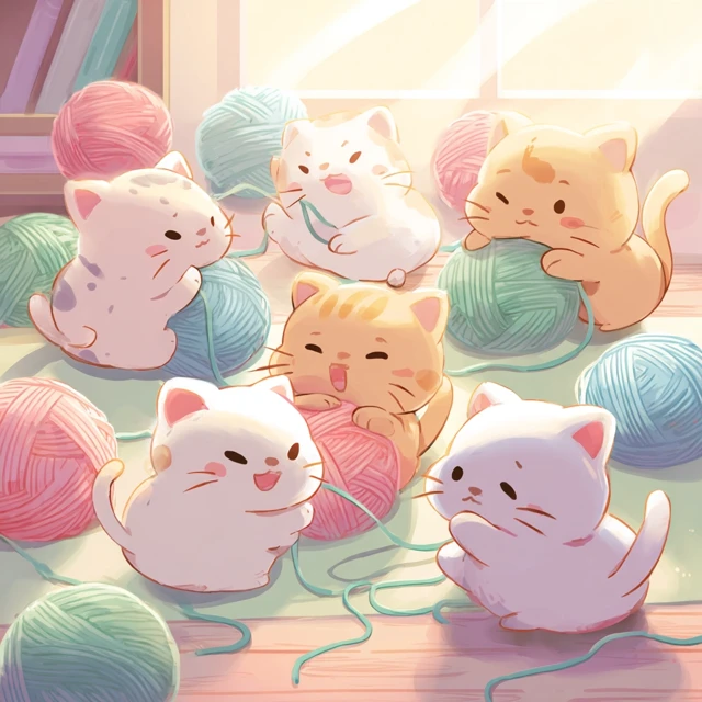 Kawaii Cats Playing with Yarn Pastel Cartoon Illustration