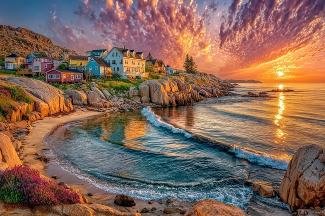 Coastal Town at Sunrise Picturesque Scenery