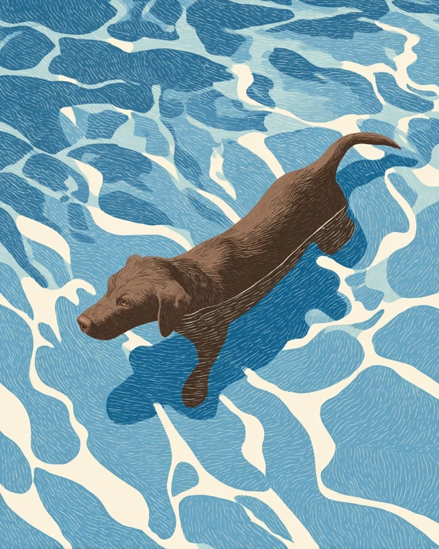 Brown Labrador Swimming in Blue Water Matisse Style