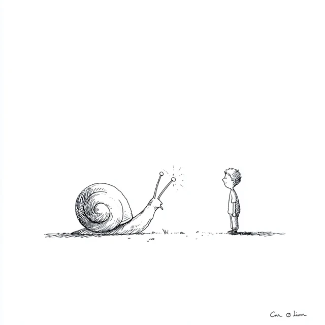 Snail and Child Minimalist Ink Drawing