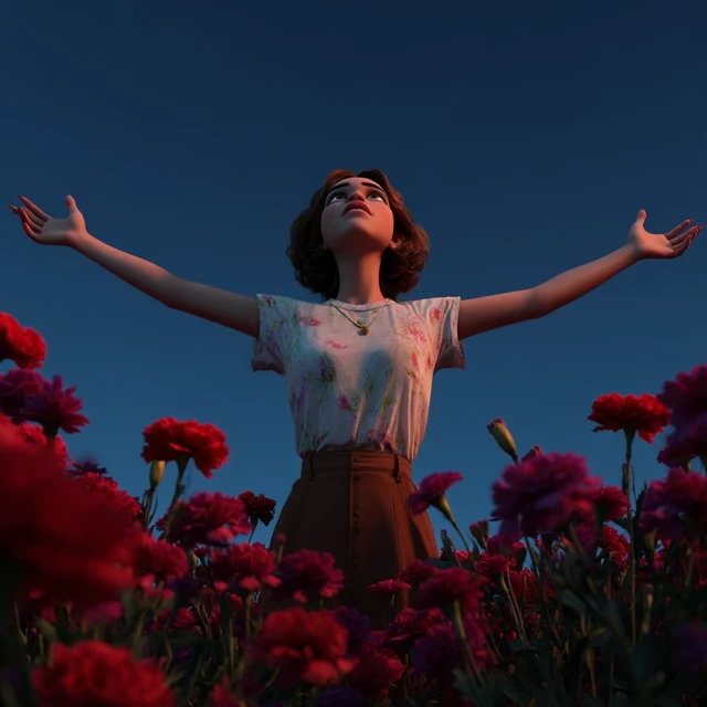 Young Woman in Carnation Field Pixar Style