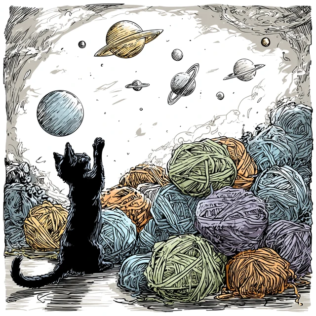 Cartoon Cat and Yarn Universe Illustration