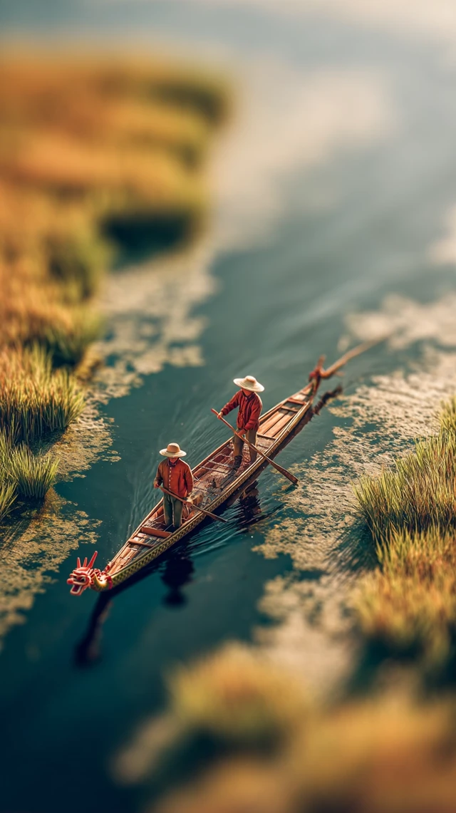 Miniature Chinese Dragon Boat on Lake Tilt Shift Photography