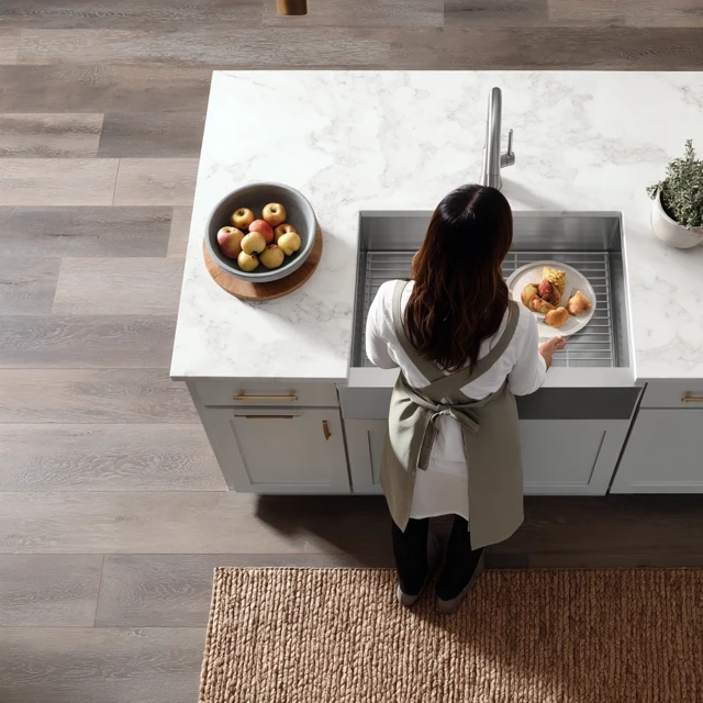 Kitchen Scene Woman Fruits and Stainless Steel Sink