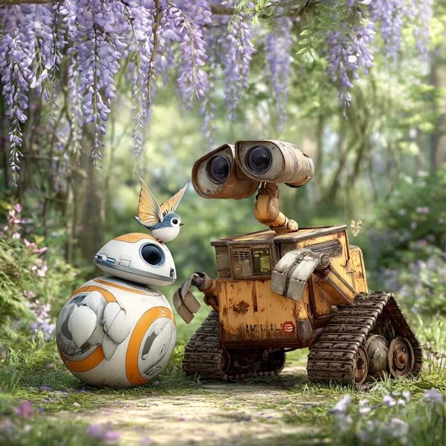 WallE and Chu in a Wisteria Anime Garden
