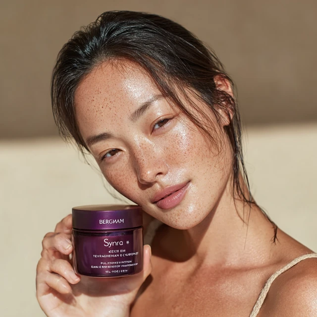 Asian Woman with Glowing Skin and Skincare Product