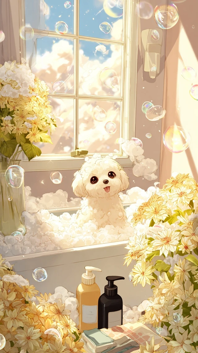 Maltese Puppy Bathing in Flowers Anime Art