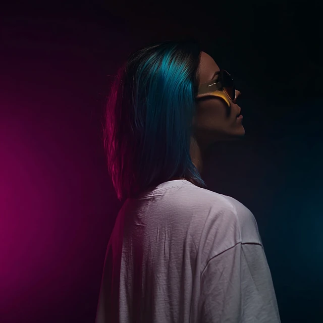 Confident Woman with Blue Hair and AR Glasses Portrait